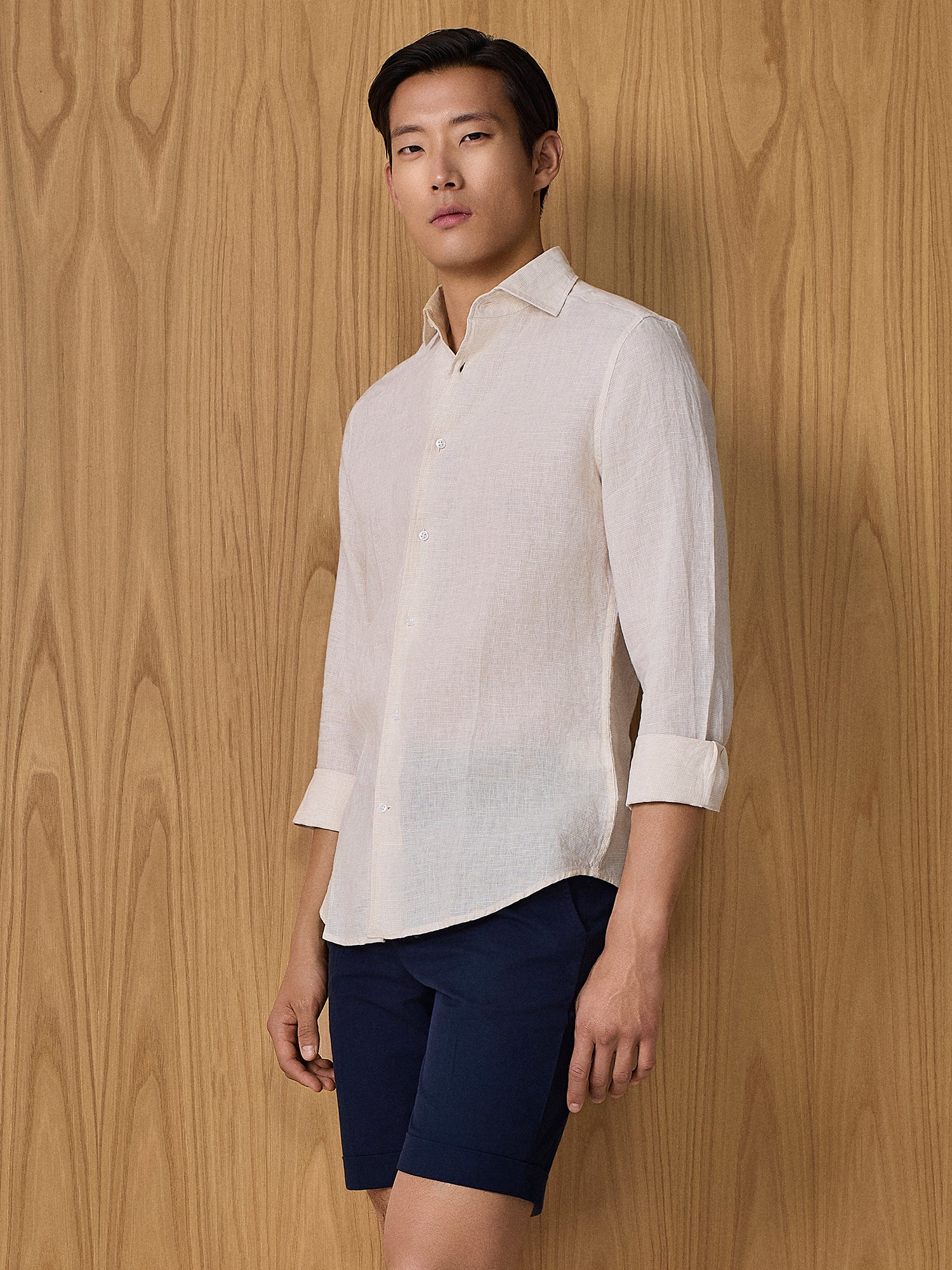 Camicia in lino pied de poule apricot - Image 2