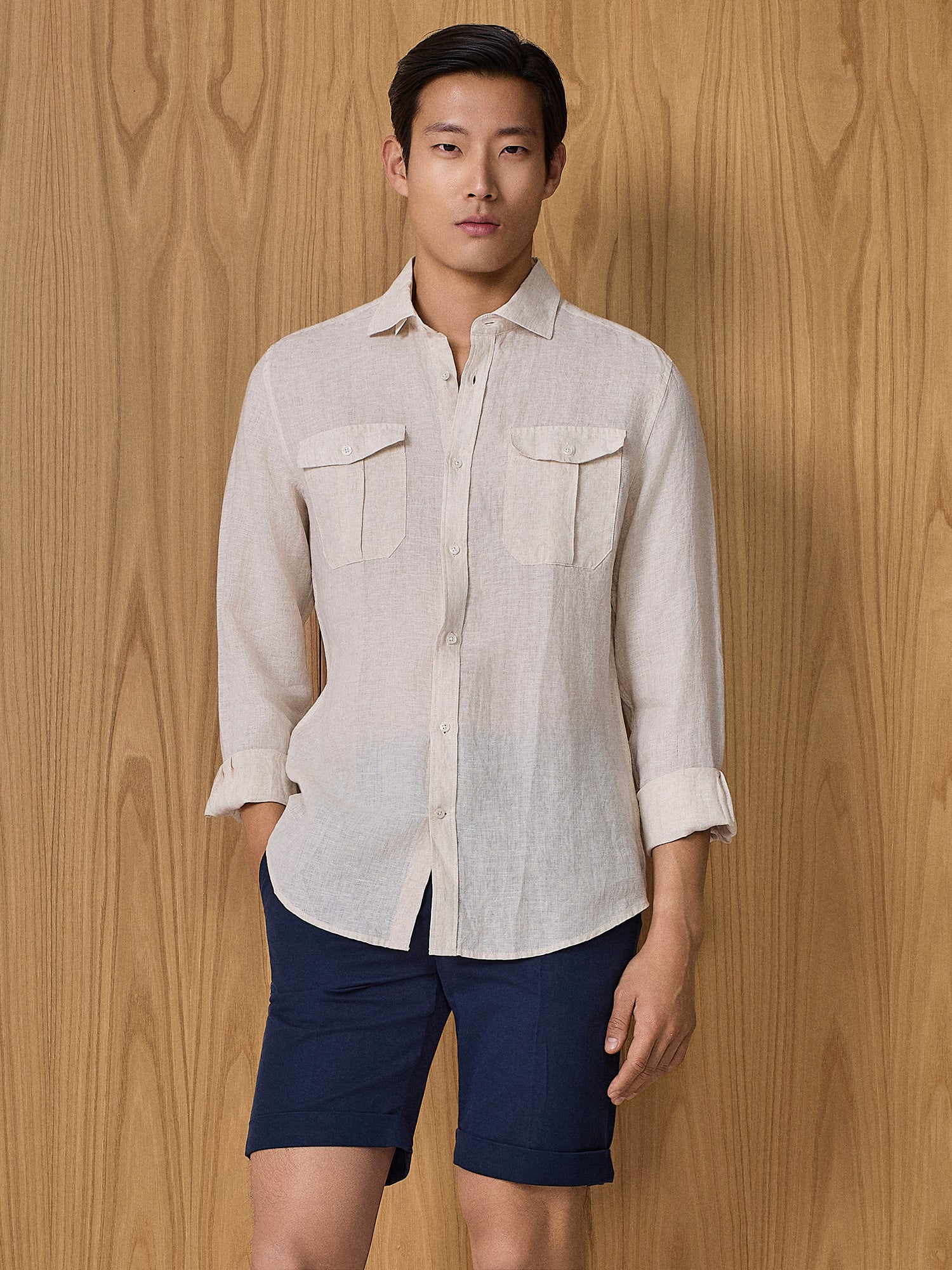 Camicia lino con tasche beige