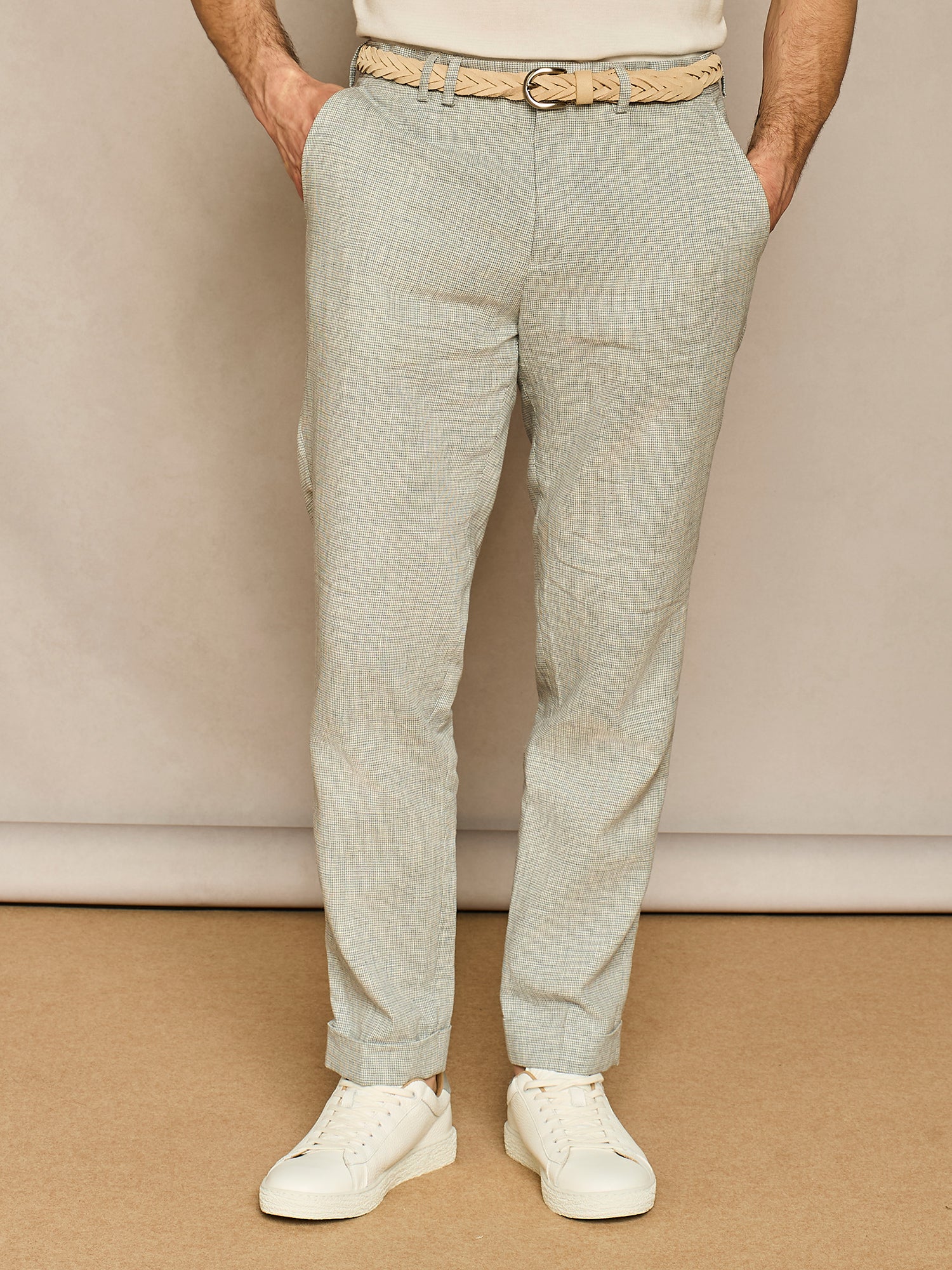 Pantalone sartoriale in misto lino micro pied de poule cloud - Image 2