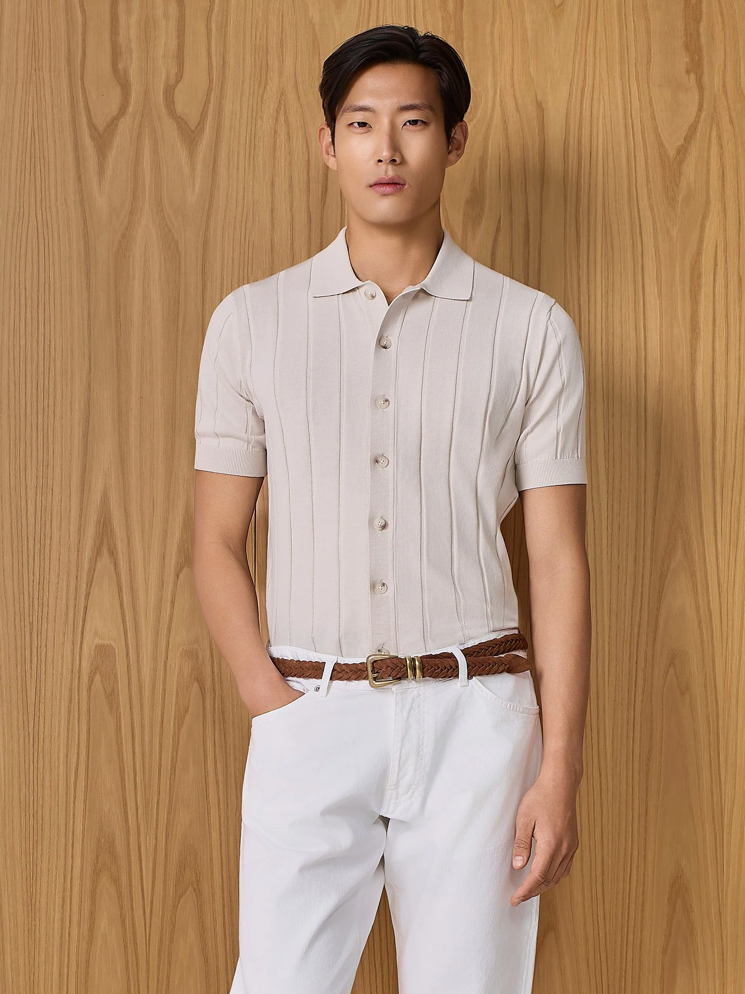 Polo camicia in maglia costa piatta burro