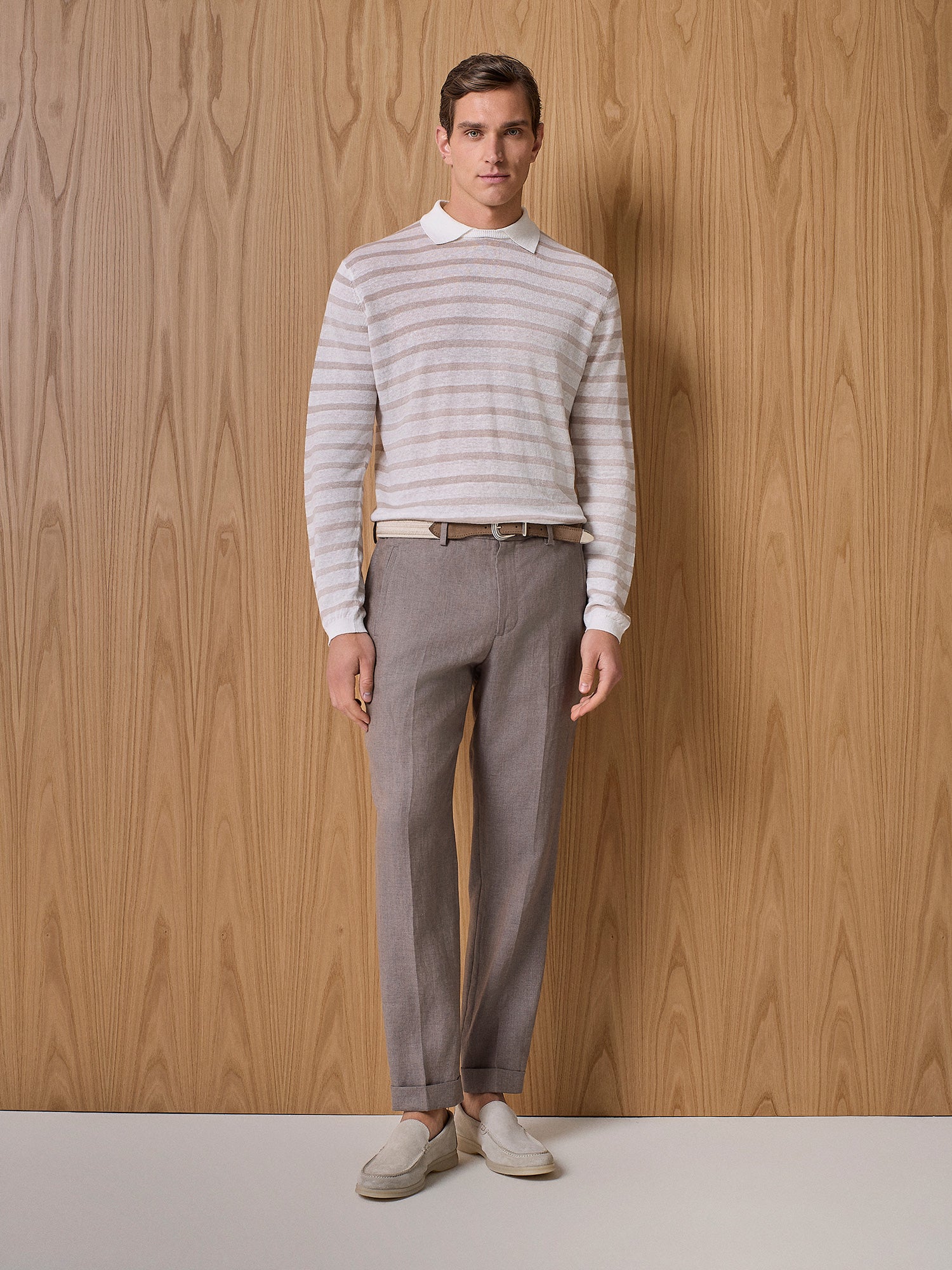 Polo girocollo in maglia a righe taupe - Image 3