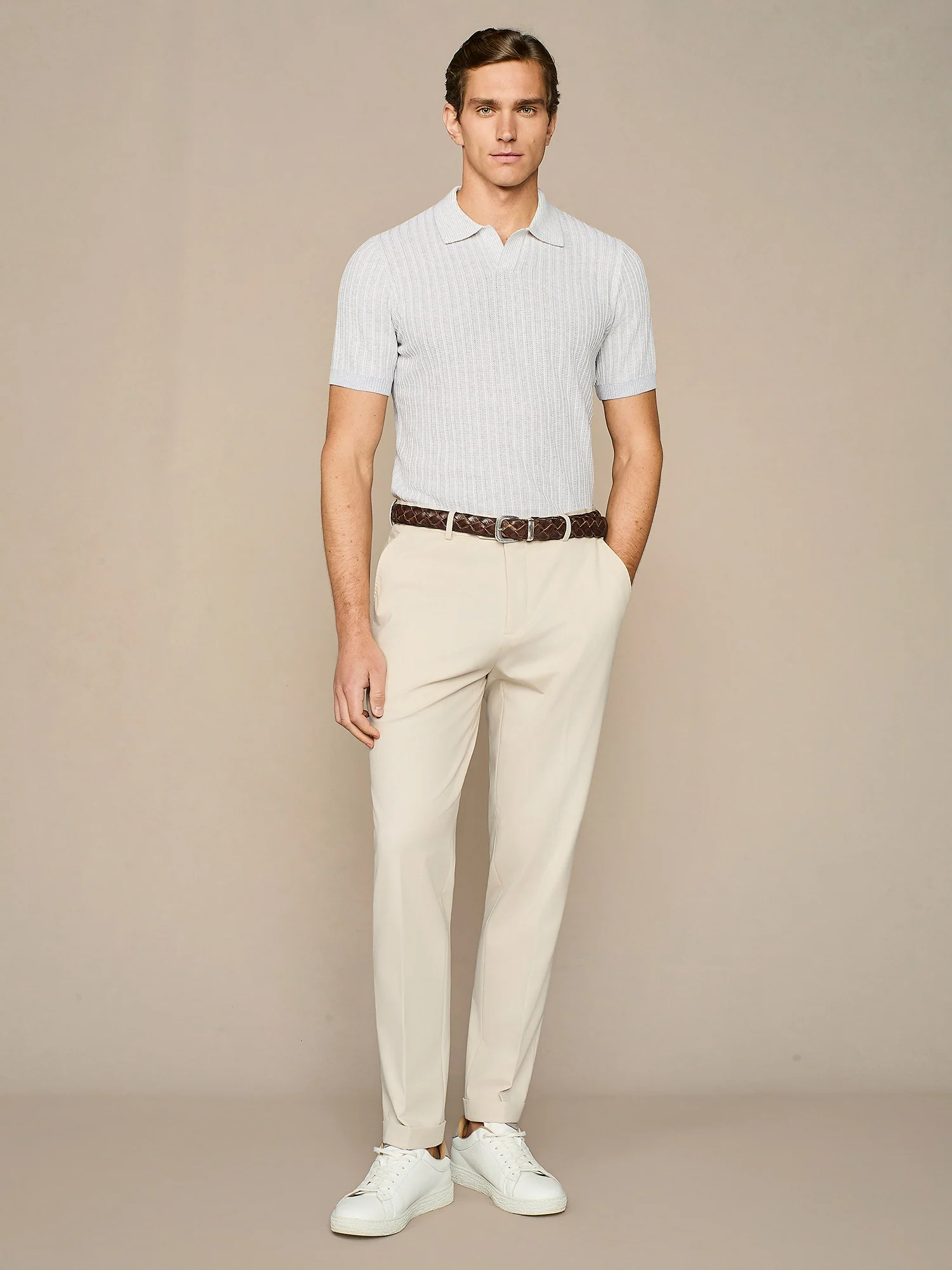 Polo in maglia lavorata grigio chiaro melange - Image 3