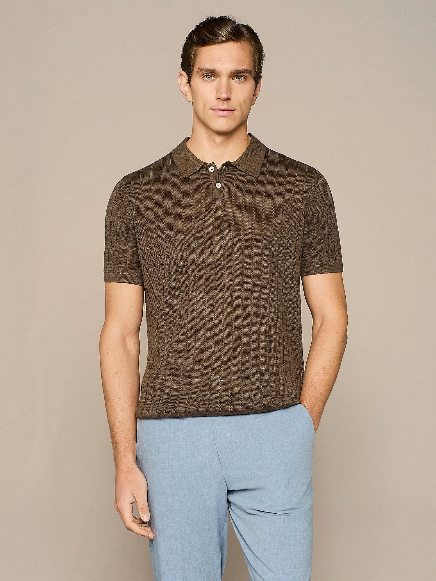 Polo in maglia pointelle cacao