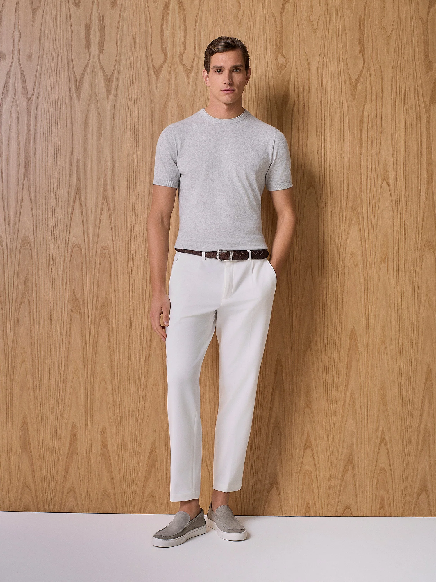 T-shirt doppio collo in maglia grigio chiaro melange - Image 3