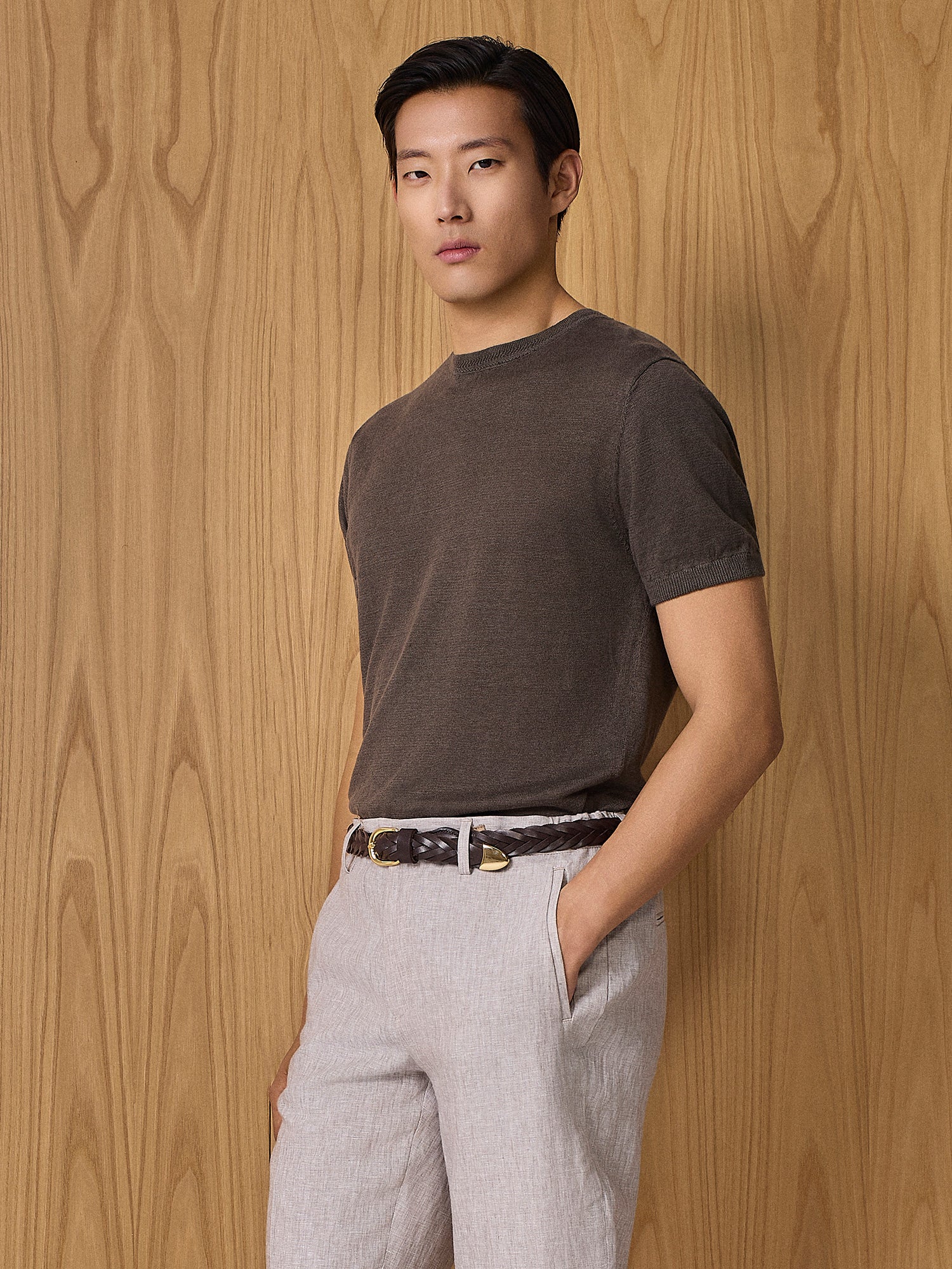 T-shirt in maglia lino cacao - Image 2